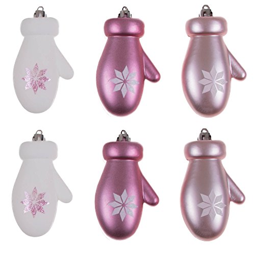 Pink and White Mitten Shatterproof Christmas Ornaments – 6 Pack Bundle – 4″ Tall