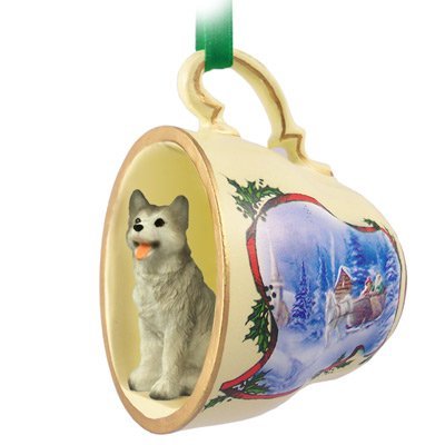 Husky Gray & White w/Brown Eyes Tea Cup Sleigh Ride Holiday Ornament by Conversation Concepts