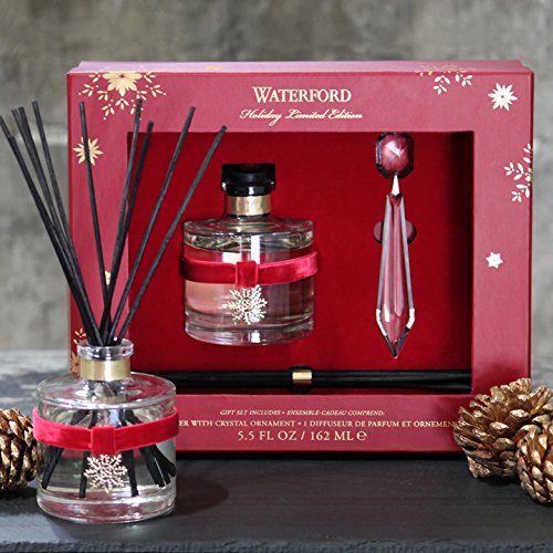 Waterford Holiday Collection Oil Reed Diffuser and Crystal Ornament Gift Set, Cranberry, Frasier Fir and Juniper Notes