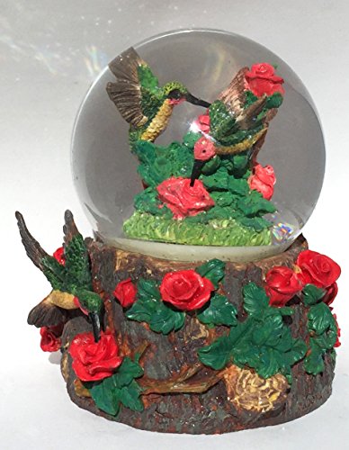 Red Roses Hummingbird Musical Snow Globe Glitterdome 100mm