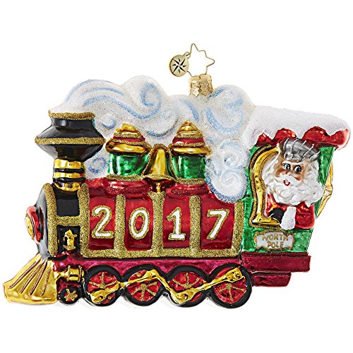 Christopher Radko 2017 All Aboard! Train Themed Santa Glass Christmas Ornament – 5″L.