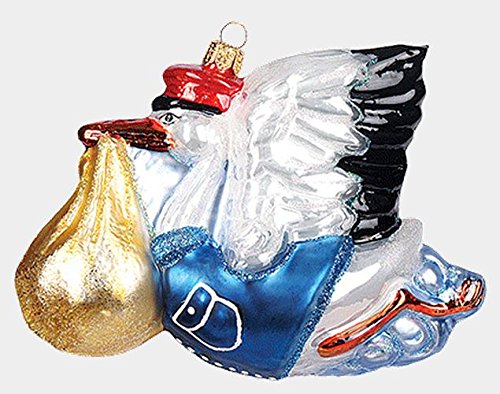 Stork Carrying a Baby Polish Mouth Blown Glass Christmas Ornament Decoration