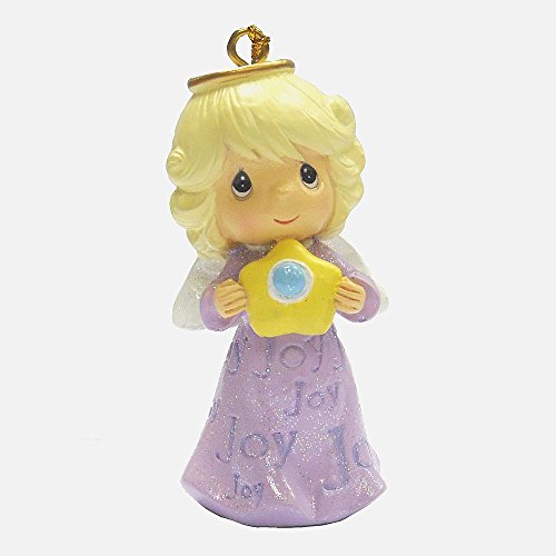Precious Moments Christmas Holiday Tree Ornament – Little Blonde Girl Holding Blue Button Golden Star in Purple Joy Dress