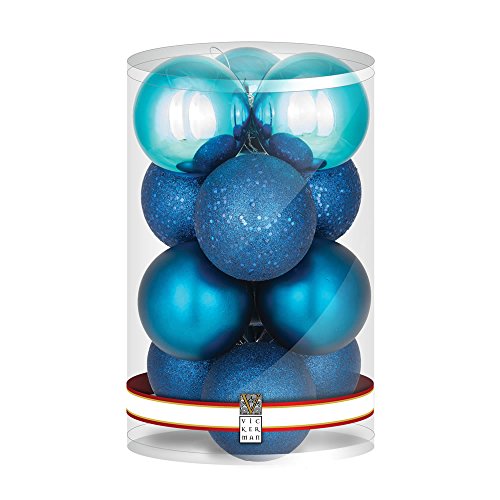 Vickerman 4-Finish Assorted Plastic Ornament Set & Seamless Shatterproof Christmas Ball Ornaments, Assorted 12 per Box, 4″, Sea Blue