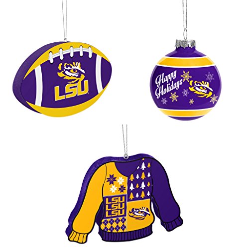 NCAA LSU Tigers Foam Christmas Ball Ornament ORNAMENT GLASS BALL Ugly Sweater Bundle 3 Pack By Forever Collectibles