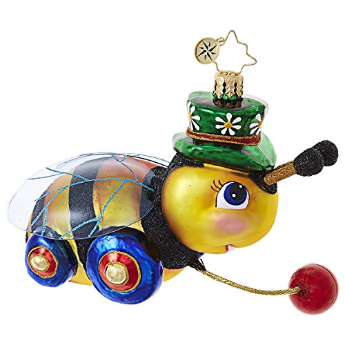 Christopher Radko Buzzing Right Along Bumble Bee Toy Themed Glass Ornament – 3″L.