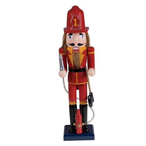 Fireman Nutcracker by Clever Creations | Festive Christmas Decor | Red and Yellow Painted Uniform | 100% Real Wood Collectible Nutcracker | Equipped with Hydrant with Plastic Hose | 15” Tall