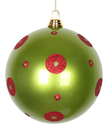 Vickerman Candy Lime Green with Red Glitter Polka Dots Commercial Size Christmas Ball Ornament, 8″