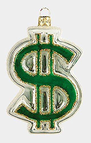 Green Dollar Symbol Sign Polish Glass Christmas Tree Ornament Money Decoration