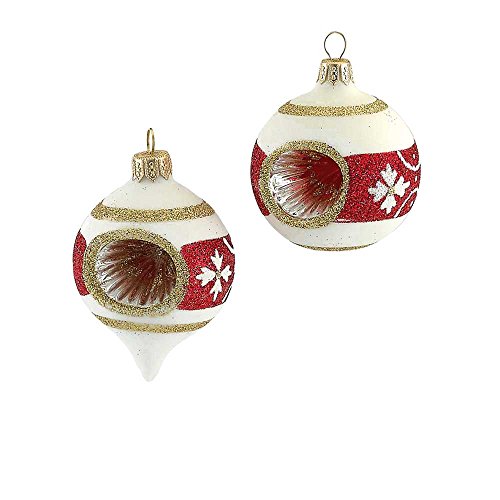 Kurt Adler Glitter Round/Oval Reflector Ornament, 63mm, White with Red, Set of 4