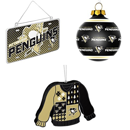 NHL Pittsburgh Penguins Metal License Plate Christmas Ornament Repeat Glass Ball Foam Ugly Sweater Bundle 3 Pack By Forever Collectibles