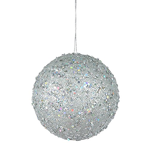 Vickerman Fancy Silver Holographic Glitter Drenched Christmas Ball Ornament, 4″