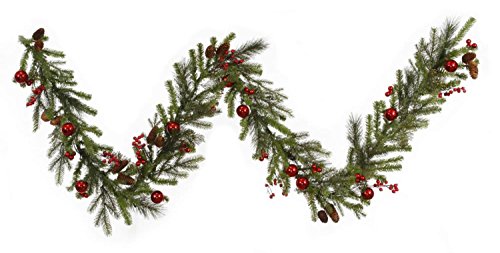 Vickerman 9′ x 12″ Red Berry and Ball Ornament Mixed Pine Artificial Christmas Garland – Unlit