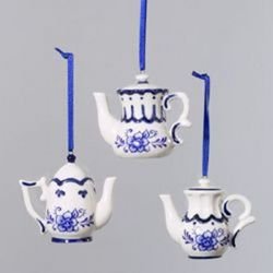 Kurt Adler Porcelain Delft Blue Teapot Ornament, Set OF 3