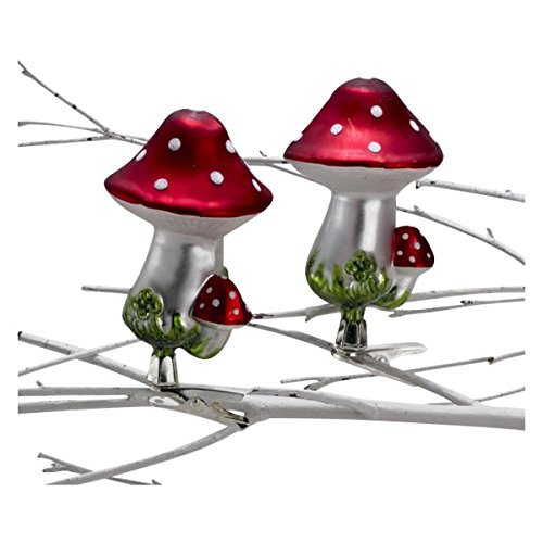Kurt Adler 2-Piece Glass Clip-On Mushroom Ornament Set, 4-Inch