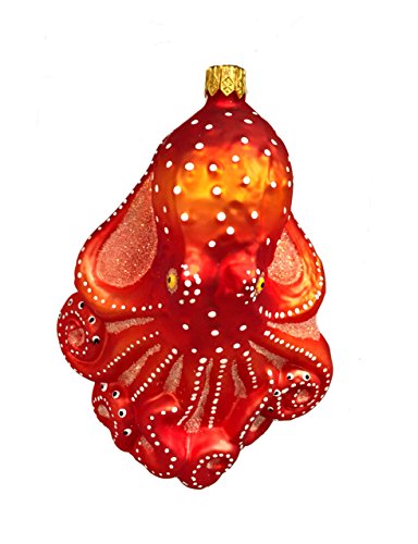 Red Octopus Polish Mouth Blown Glass Christmas Ornament Ocean Life Decoration