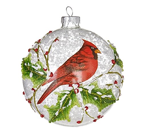 Red Cardinal with Snow and Branches Glass Ball Christmas Tree Ornament, 5 Inches