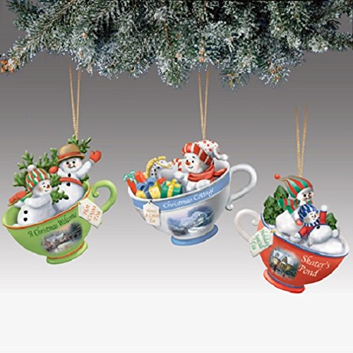 Thomas Kinkade Sweet Teas Baby Snowmen Tea Cup Ornaments Issue 2 Set of 3
