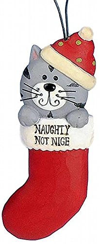 Blossom Bucket Christmas Grey Tabby Cat in RED Stocking “Naughty Not Nice!” Resin Ornament
