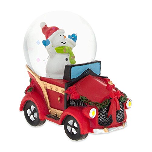 Joyful Snowman Riding a Christmas Car Miniature Snow Globe