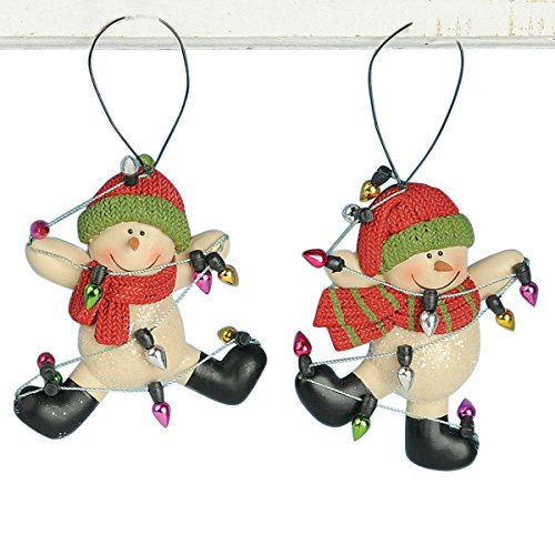 Set of 2 Dancing Snowmen Wrapped in Christmas Decorations Hanging Ornaments, 3 Inch