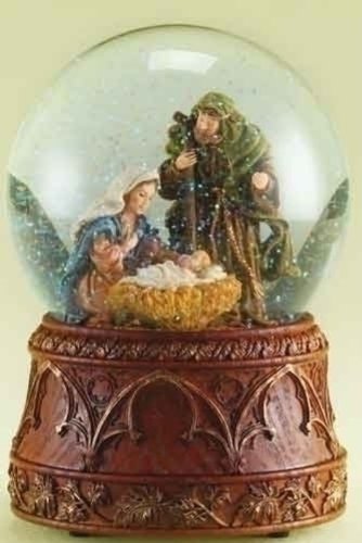 ‘Musical 6.75″ Holy Family Glitterdome (Carved Wood Base) (Roman 3558-7)