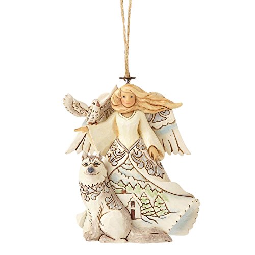 Jim Shore Heartwood Creek by Enesco White Woodland Angel w/Husky Ornament