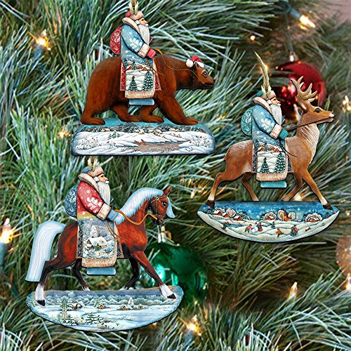 G.DeBrekht Traveling Santa Holiday Christmas Keepsake Wooden Ornament Set of 3 8100016S3