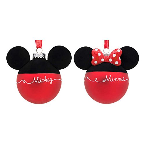 Disney Blown-Glass Christmas Holiday Ball Ornaments – Mickey & Minnie Mouse Silhouettes & Signatures, Set of 2