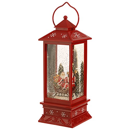 Lighted Snow Globe Lantern: 11 Inch, Red Holiday Water Lantern by RAZ Imports (Santa Claus and Sleigh)