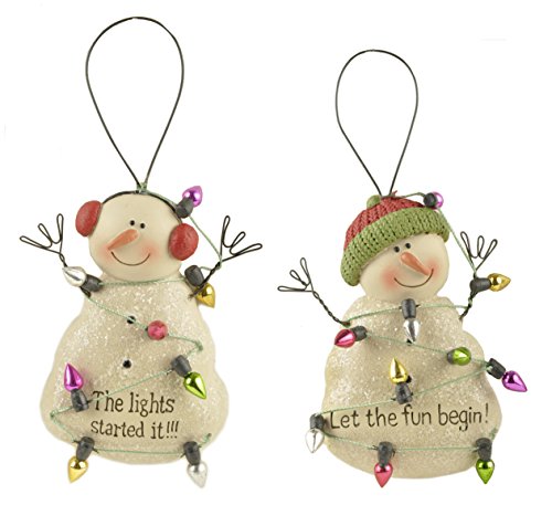 Let the Fun Begin Snowman Friends Resin Stone Christmas Ornament Set of 2