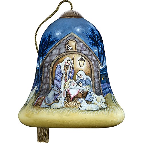 Precious Moments, Ne’Qwa Art 7171146 Hand Painted Blown Glass Petite Bell Shaped Away In A Manger Scene Ornament, 3-inches