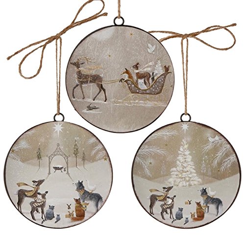 RAZ Woodland Animal Disk Christmas Ornament Set of 3