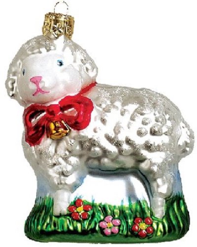 Lamb with Red Bow Polish Mouth Blown Glass Christmas Ornament Tree Decoration