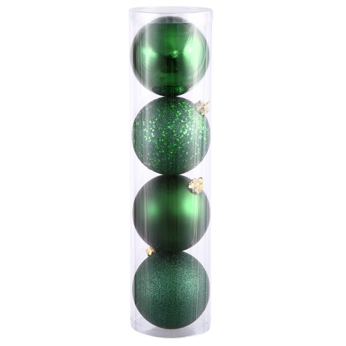 Vickerman 4-Finish Assorted Plastic Ornament Set & Seamless Shatterproof Christmas Ball Ornaments with Drilled Cap, Assorted 4 per Bag, 6″, Emerald