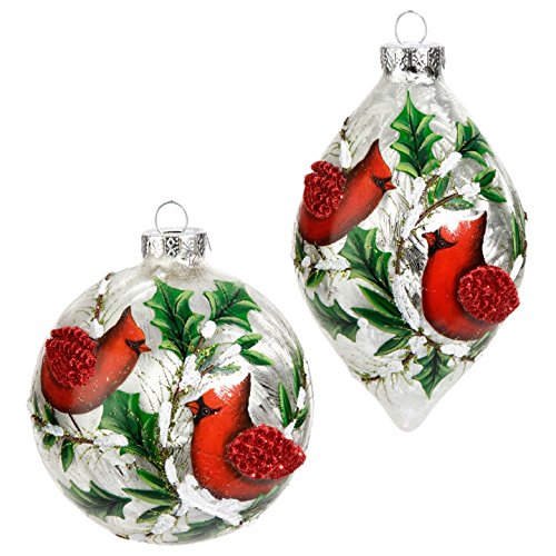 RAZ Imports – 4 Inch Red Cardinal on a Snowy Holly Branch Decorating a Frosted Ball and Finial Christmas Tree Ornament
