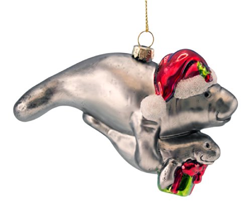 Santa Hat Mother and Baby Manatee Bearing Gifts Blown Glass Holiday Ornament