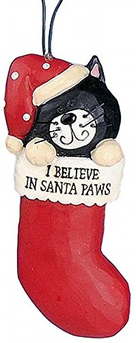 Blossom Bucket Christmas Black Cat in RED Stocking “I Believe” Resin Ornament