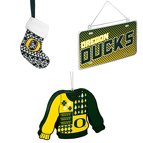 NCAA Oregon Ducks ORNAMENT STOCKING KNIT Metal License Plate Christmas Ornament Foam Ugly Sweater Bundle 3 Pack By Forever Collectibles