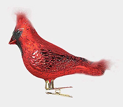 Male Cardinal Bird with Feathers Polish Glass Christmas Tree Ornament Animal