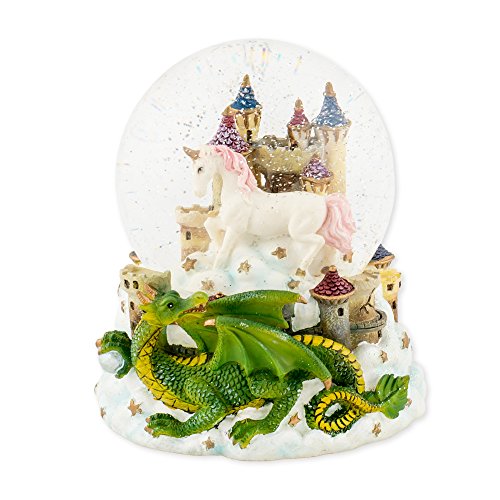 Castle Unicorn with Green Dragon 100mm Resin Glitter Water Globe Plays Tune Our Father