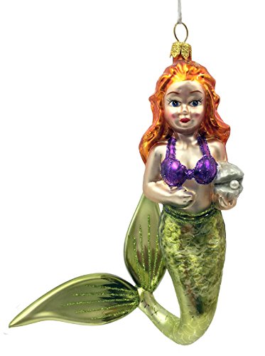 Mermaid Holding Oyster with Pearl Polish Glass Christmas Tree Ornament Sea Life