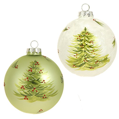 RAZ Imports – Sageberry Theme – 4″ Glittered & Frosted Decorated Christmas Tree & Berry Ball Ornaments – Set of 2