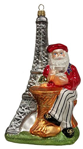 French Santa with Eiffel Tower Polish Glass Christmas Ornament France Decoration