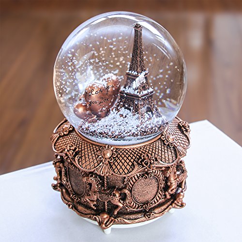 Paris Snow Musical Globe with Color Changing LED Lights, Eiffel Tower Snow Globe with Merry-go-round Base, 100mm 6″ Tall Souvenirs Collection