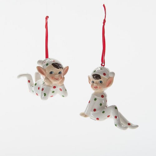 Spotted Elf Ornaments Set of 2 Ceramic Vintage-Christmas design New