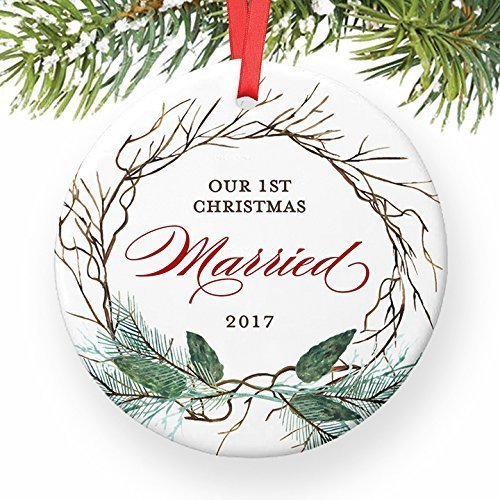 1st Year Married Ornament, 2017 Christmas Ornament for Newlywed Couple, First Xmas Ornaments for the Bride & Groom Ceramic Present Keepsake 3″ Flat Circle Porcelain with Red Ribbon & Free Gift Box