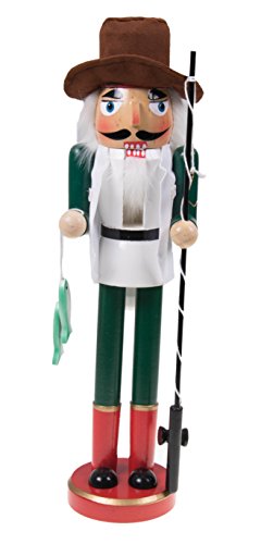 Wooden Fisherman Nutcracker by Clever Creations | Traditional Christmas Decor | Wearing Angler’s Hat and Holding Fishing Pole | 100% Wood | Perfect for Shelves and Tables | 15″ Tall
