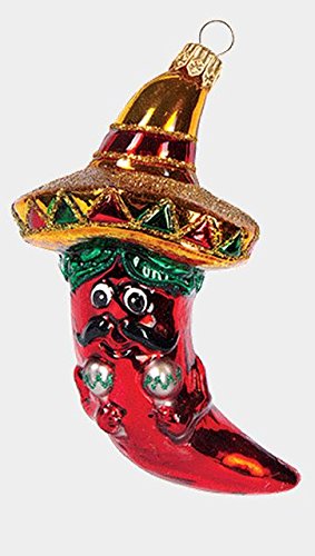 Mexican Chili Pepper with Sombrero Polish Mouth Blown Glass Christmas Ornament