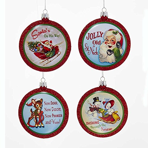 Kurt Adler YAMH9545 Retro Christmas Glitter Disc Ornament Set of 4